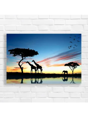 African Sunset Giraffes & Elephant Canvas Print
