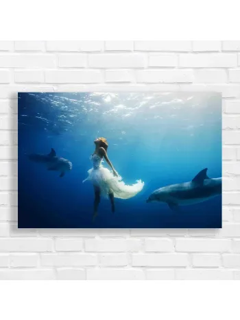 Enchanting Mermaid & Dolphin Underwater Canvas Print